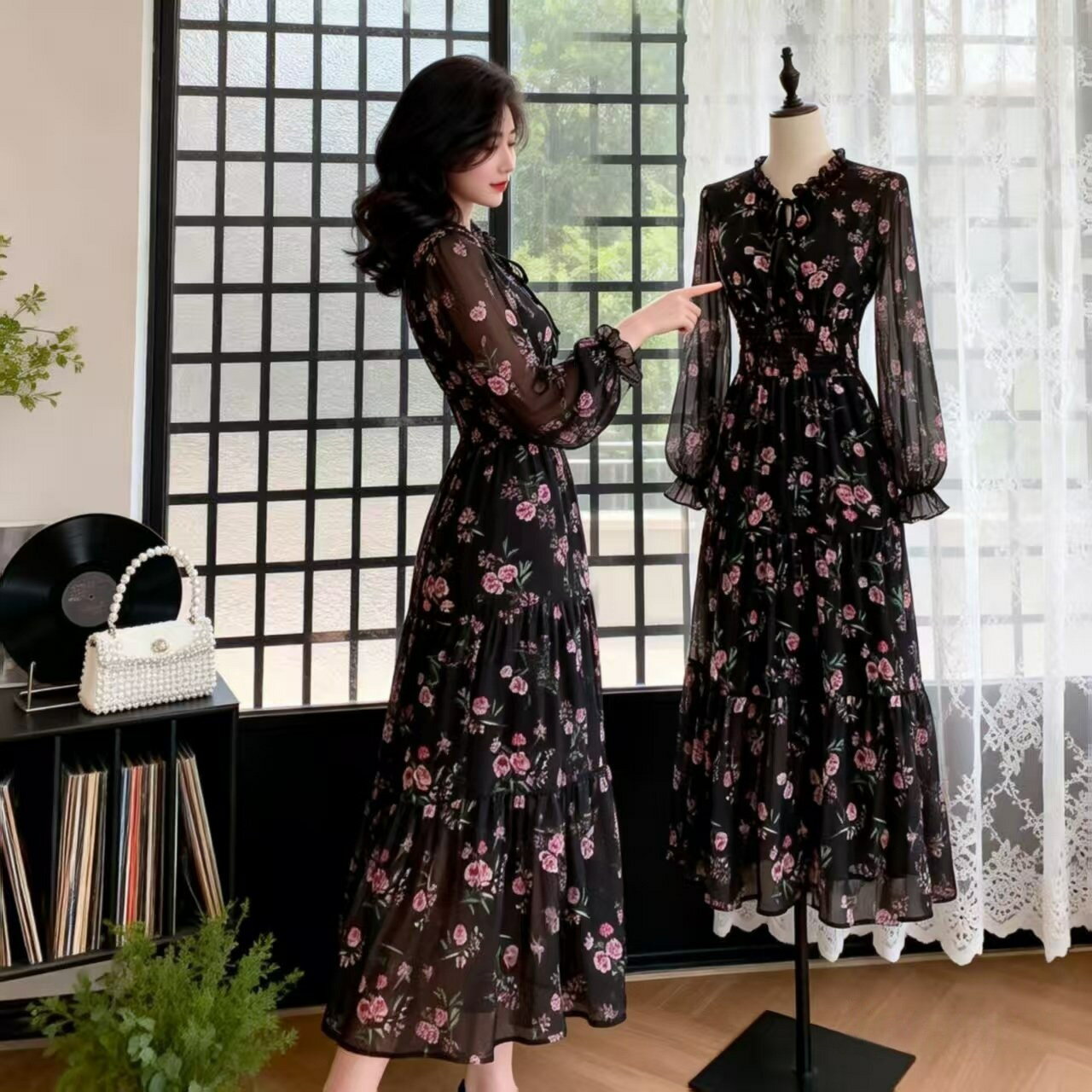 乐天商城 - 【送料無料】ワンピース フレアワンピース Aライン ロングワンピース 長袖 マキシ丈 花柄 レディース オフィス カジュアル 通勤 春 夏 春夏 春物