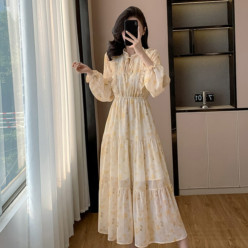 Rakuten - 【送料無料】ワンピース フレアワンピース Aライン ロングワンピース 長袖 ティアード マキシ丈 フリル 花柄 レディース オフィス カジュアル 通勤 春 夏 春夏 春物