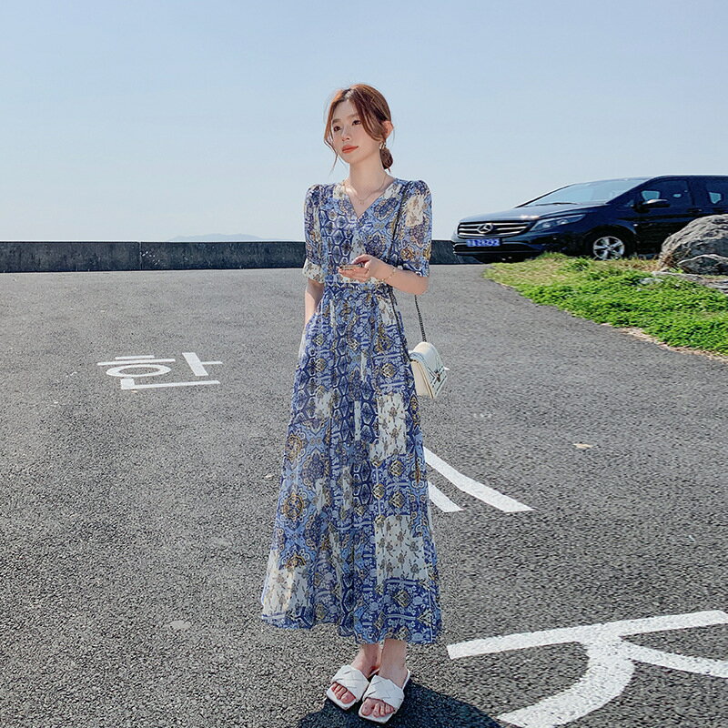 Rakuten - 【送料無料】ワンピース フレアワンピース Aライン ロングワンピース シフォン 膝下 半袖 花柄 Vネック レディース オフィス カジュアル 通勤 春 夏 春夏