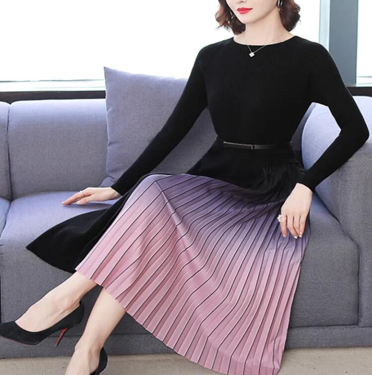 【送料無料】ワンピース レディース ロングワンピース プリーツ プリーツワンピース スリット グラデーション バイカラー 配色 ロング Aライン フレアワンピー...