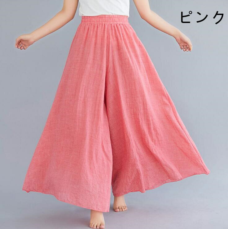 【送料無料】 パンツ ワイドパンツ 綿麻 リネン スカーチョ ガウチョパンツ 体型カ...