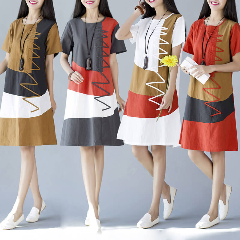 【送料無料】ワンピース レディース ロングワンピース リネンワンピース 幾何柄 プリント 可愛い かわいい ロング 膝丈 コットン リネン 綿麻 きれいめ Aライン フレア 半袖 大きいサイズ 森ガール 体型カバー ゆったり 春 夏 秋 カジュアル リゾート ナチュラル