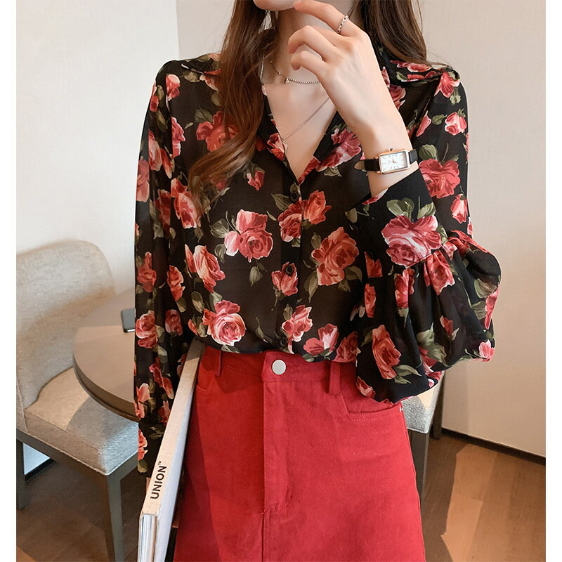Rakuten - 【送料無料】ゆったりシルエット 長袖 シフォン ブラウス レディース 花柄 夏 春