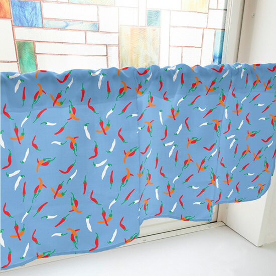 カフェカーテン 唐辛子 （青） 小窓用 目隠し インテリア キッチン おしゃれ 小窓カーテン（幅800mm×高..