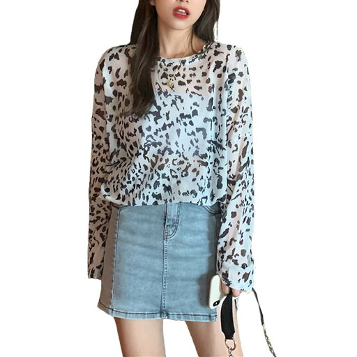 薄手 ブラウス 透け感 ロング丈 カットソー 長袖 レオパード トップス レディース シースルー ゆったり 可愛い フレア セクシー 春 夏 薄手 ブラウス 透け感 ロング丈 カットソー 長袖 レオパード トップス レディース シースルー ゆったり 可愛い フレア セクシー 春 夏