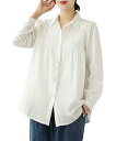 襟付きシャツ カッターシャツ 長袖 ギャザーブラウス チュニックシャツ カジュアル トップス きれいめ 着瘦せ 婦人服 春 秋 綿