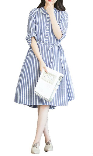 レディース シャツ ワンピース チュニック ストライプ カジュアル 長袖 ウエスト 紐 付き aライン 麻 ゆったり ブル レディース シャツ ワンピース チュニック ストライプ カジュアル 長袖 ウエスト 紐 付き aライン 麻 ゆったり ブル