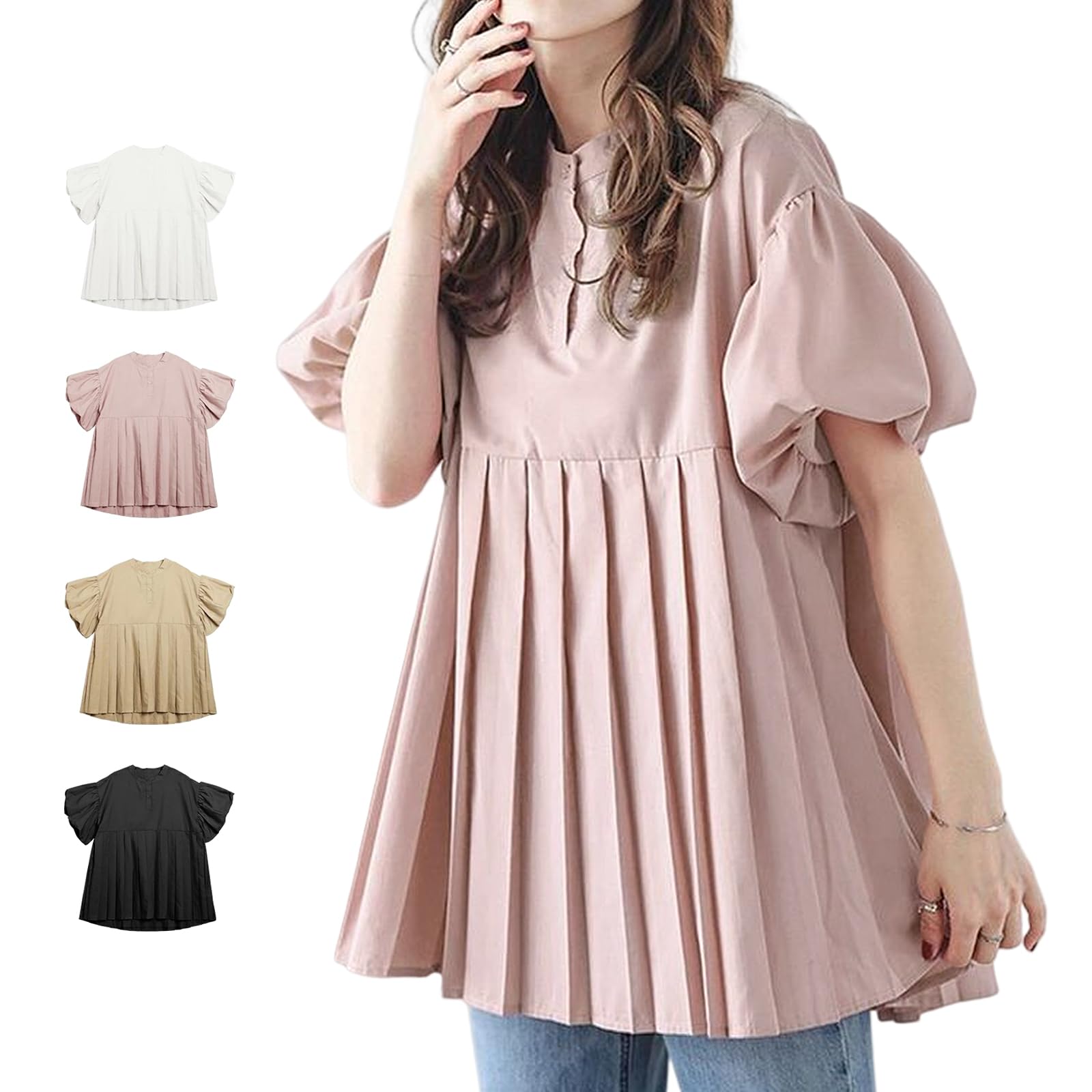 立ち襟 甘さ プリーツルーズトップ おしゃれ カジュアル チュニック フリル フレア 透け感 無地 大きいサイズ プリーツが 半袖シャツ Aライン ティアード tシャツ きれいめ 通勤 日常 春 夏