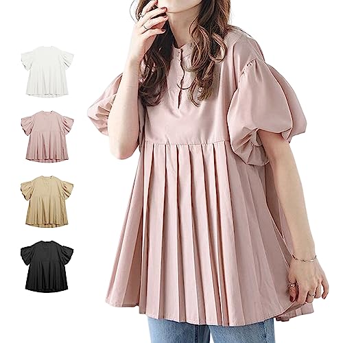 立ち襟 甘さ プリーツルーズトップ おしゃれ カジュアル チュニック フリル フレア 透け感 無地 大きいサイズ プリーツが 半袖シャツ Aライン ティアード tシャツ きれいめ 通勤 日常 春 夏