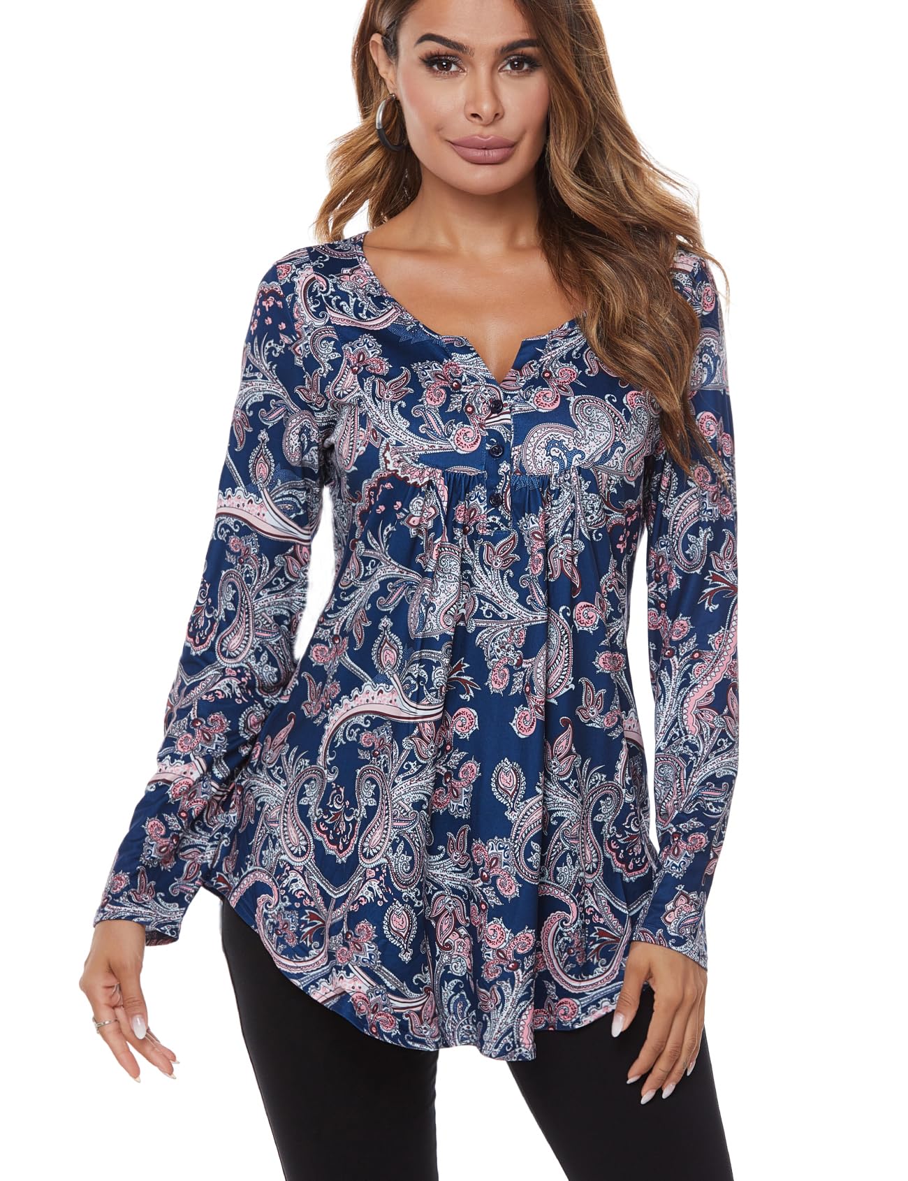 レディース トップス 半袖 ヘンリー Vネック Tシャツ 流れるようなチュニック ボタンアップ カジュアル ゆったりブラウス