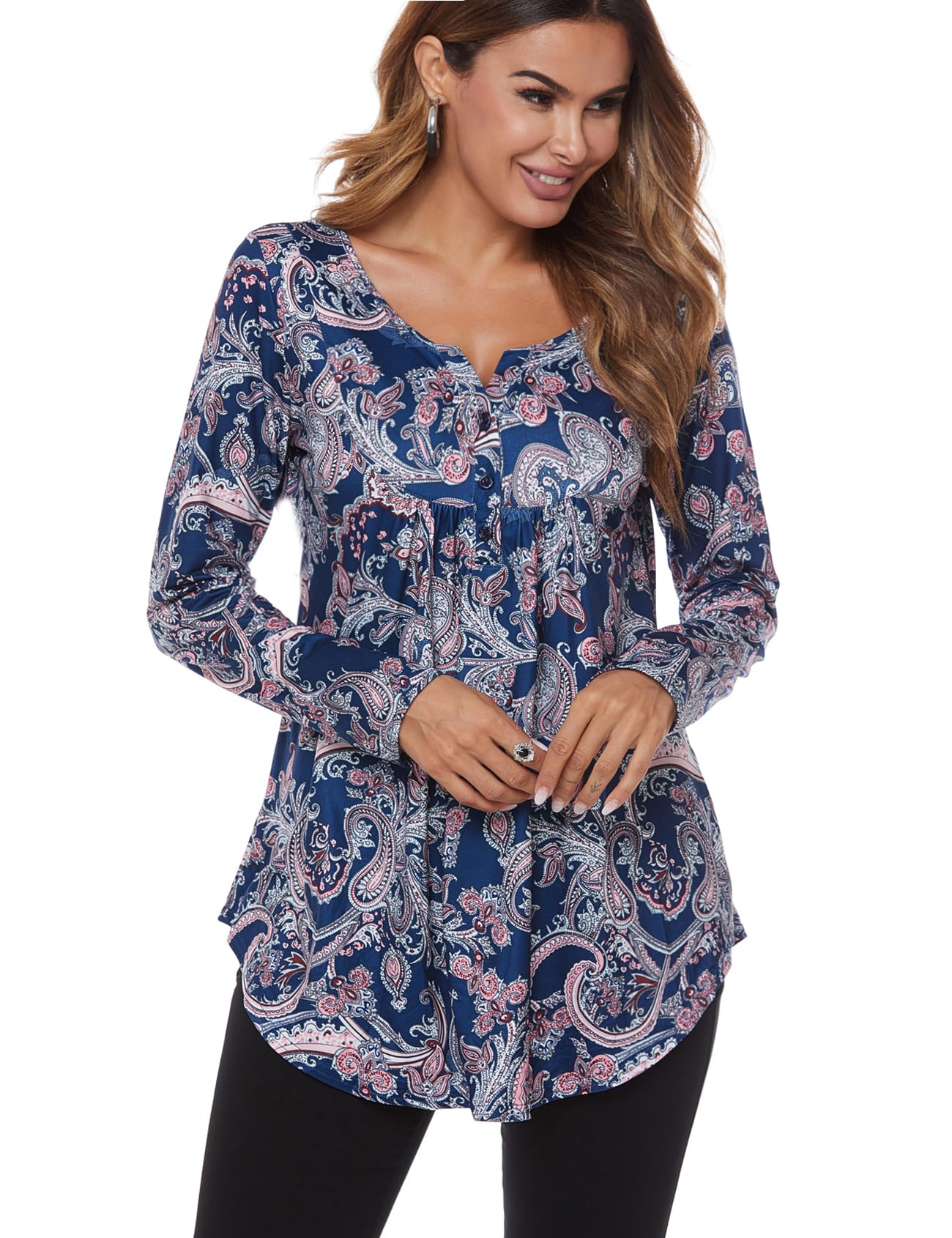 レディース トップス 半袖 ヘンリー Vネック Tシャツ 流れるようなチュニック ボタンアップ カジュアル ゆったりブラウス