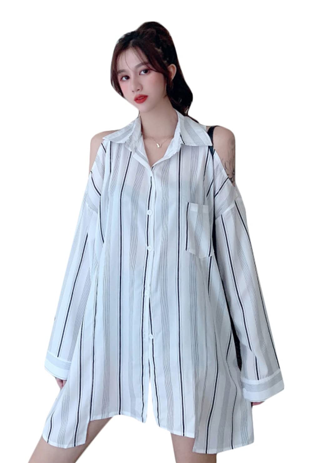 シャツ レディース 長袖 ロングシャツ チュニック ブラウス オフショルダー トップス 切り替え 韓国ファッション キャミソール 肩出し セクシー 春 夏 秋 大きいサイズ