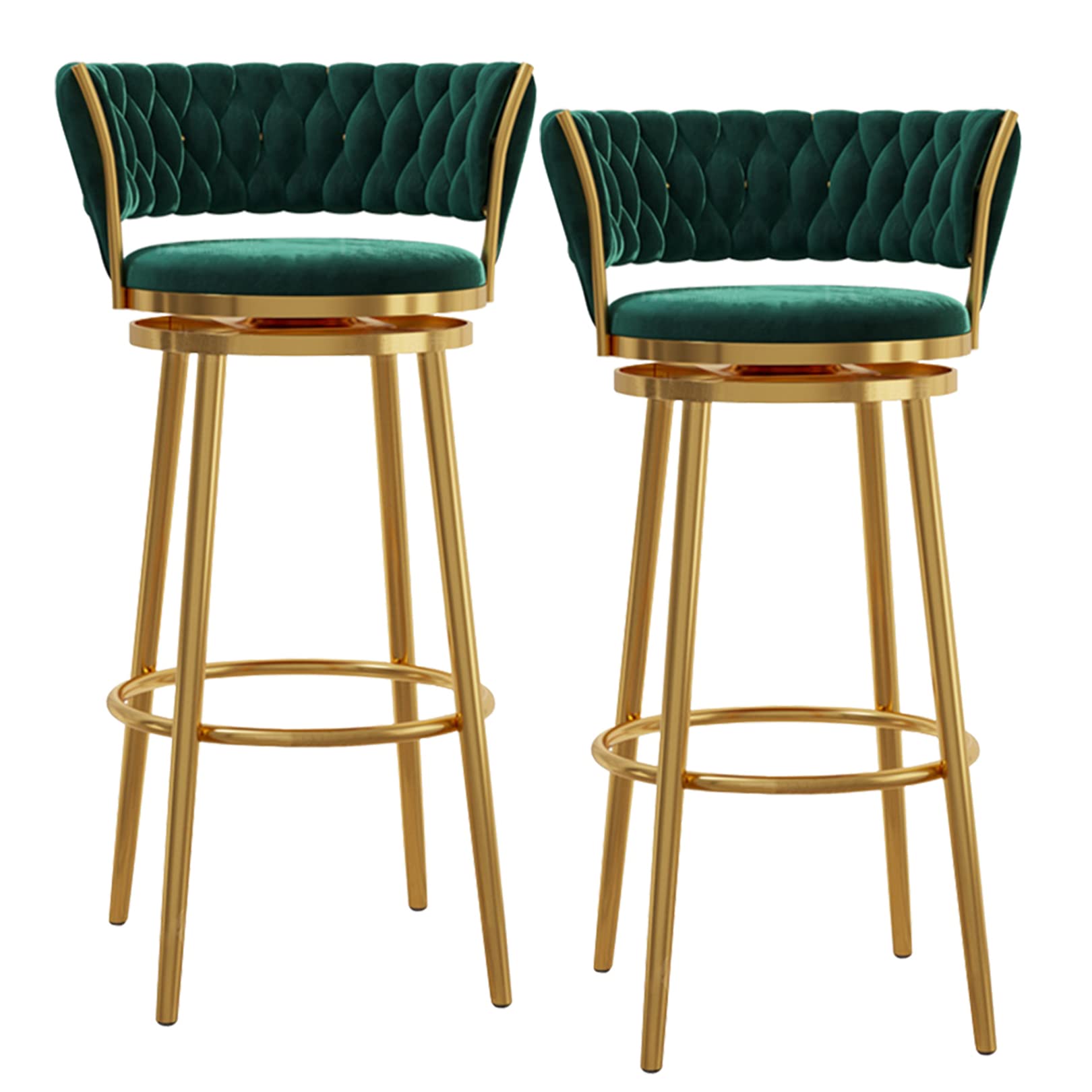 キッチン用のモダンなカウンターの高さのバースツール、65cm 360°スイベルバーチェア、ダイニングルーム用のゴールドメタルクロームベース、布張りのカウンタースツール、1PCS、グリーン