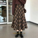 チェックスカート ロングスカート フレアスカート スカート ボトムス レディース 秋冬 ハイウエスト Aライン ロング 格子縞 チェック柄 ブラウン フレア きれいめ カジュアル