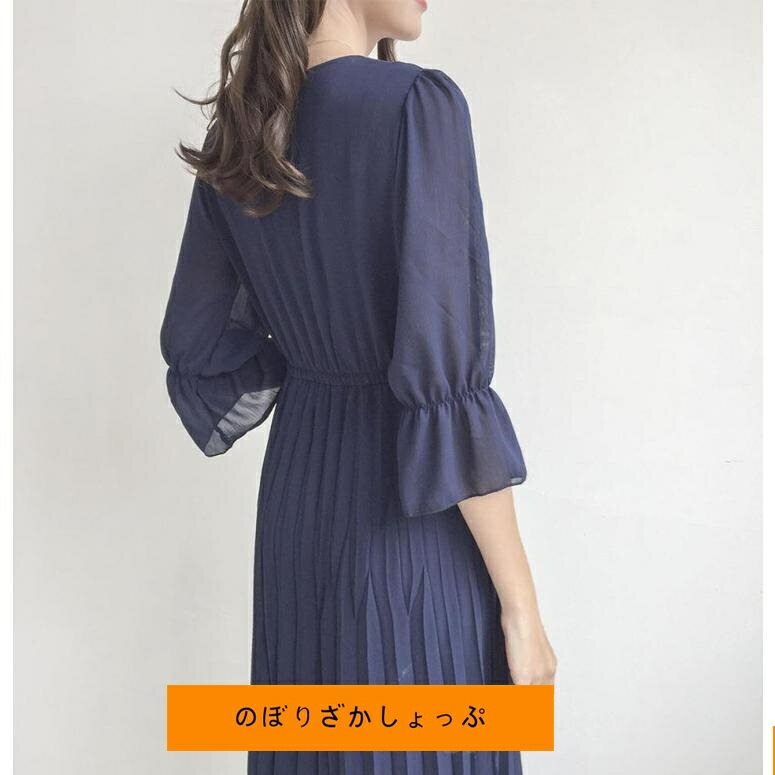 プリーツワンピース レディース 春 秋 長袖 Vネック シャツワンピース ロングワンピース 春ロング丈 ミモレ丈 無地 リボン付き Aライン ゆったり 体型カバー き