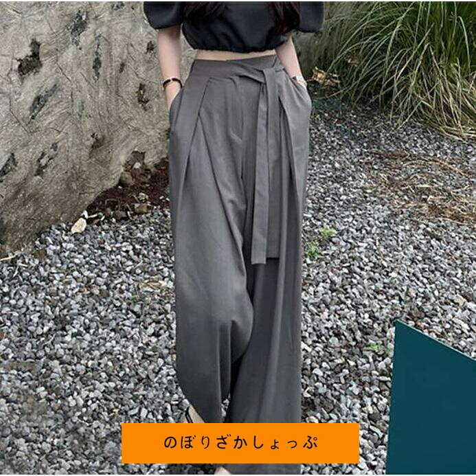 ワイドパンツ レディース ロングパンツ ガウチョパンツ 夏 秋 きれいめ 大きいサイズ 落ち感 タックパンツ ウエストリボン スラックスパンツ 春夏 通勤