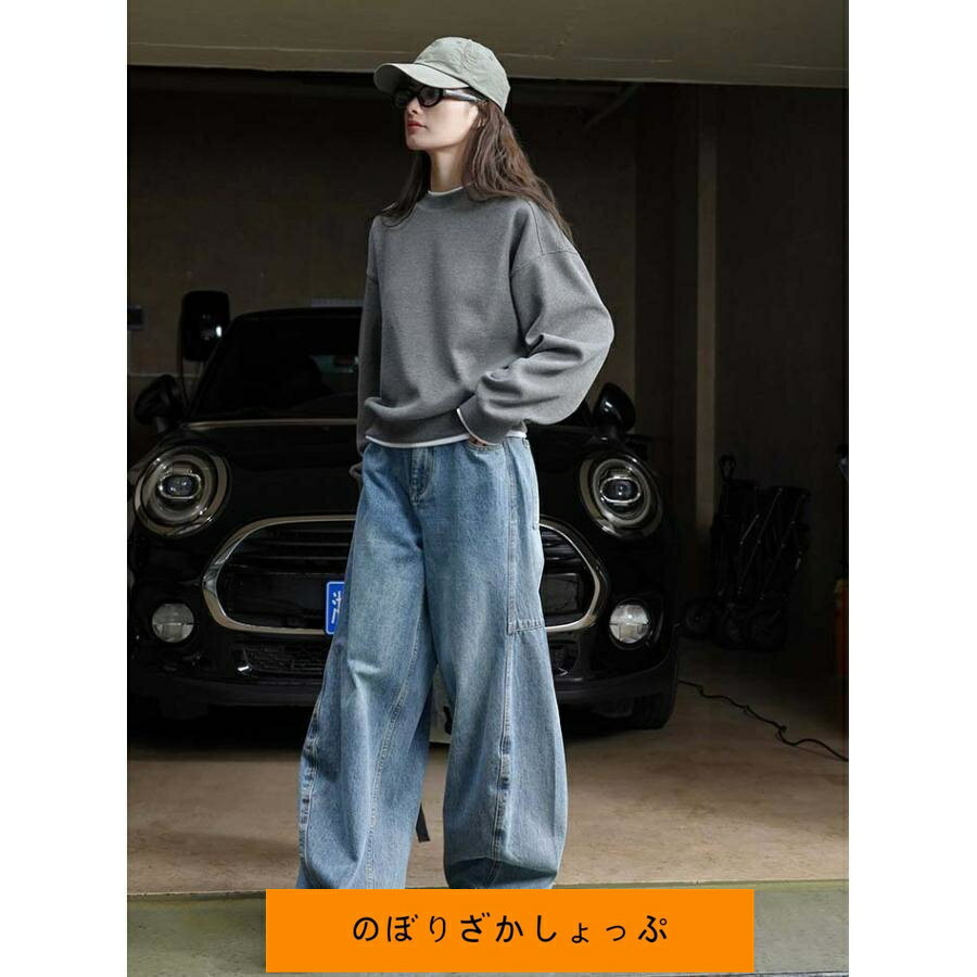 ワイドパンツ デニム レディース 春 秋 サルエルパンツ ロング丈 デニム パンツ華奢見え 体型カバー おしゃれ ゆったり カジュアル ナチュラルカジュアル 着痩