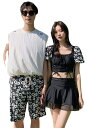 カップル水着 レディース ビキニ上下セット 花柄 ペア水着 メンズ水着 ビーチパンツ サーフパンツ ペアルック ペア 水着 温泉 海 旅行 ビーチウエア 体型カ...