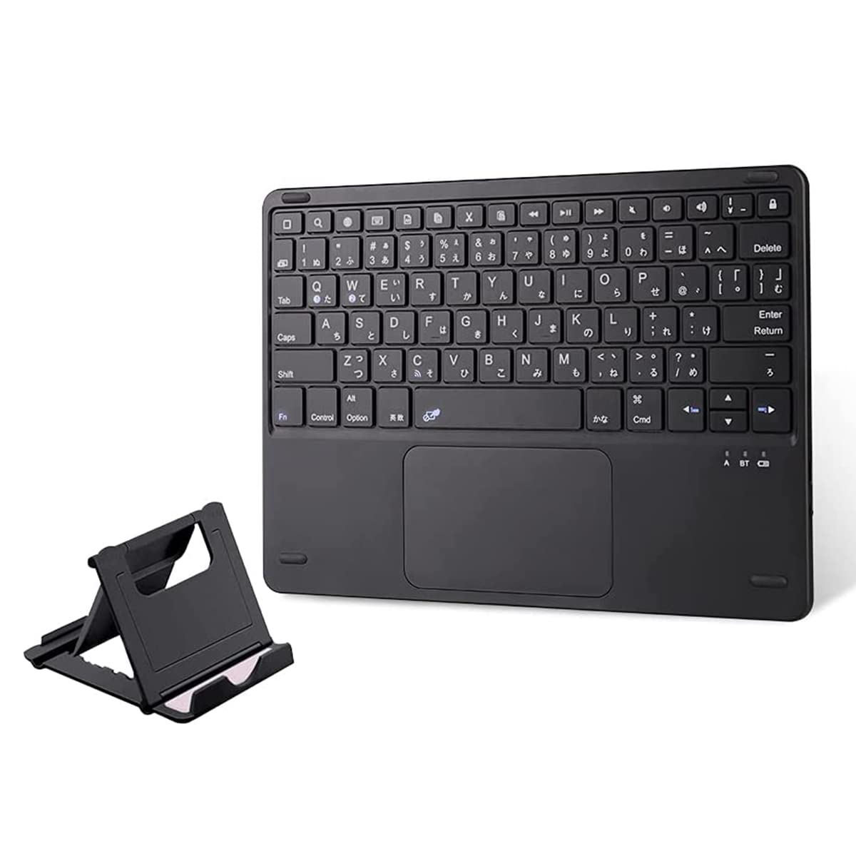 キーボード ワイヤレス用 JIS日本語配列 スタンド付き タッチパッド搭載 ロック可能 2台のデバイス切り替え可能 充電式無線 タブレット オートスリープ 薄型 軽量ブラック