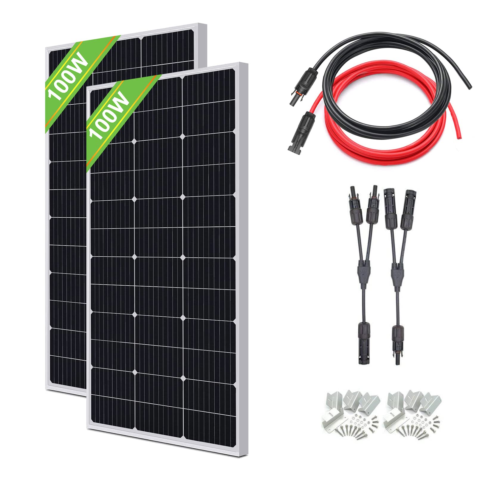 (リョクエン)200W ソーラーパネル 単結晶 100W×2枚組 高性能 次世代型 発電キット: 2個 太陽光パネル 100Wソーラーパネル + 10mソーラーケーブル（5m 赤・5m 黒）+ソーラー パネル取付 Z ブラケット 2セット+ Y 型コネクター 12v 省エネルギー 船舶 屋根