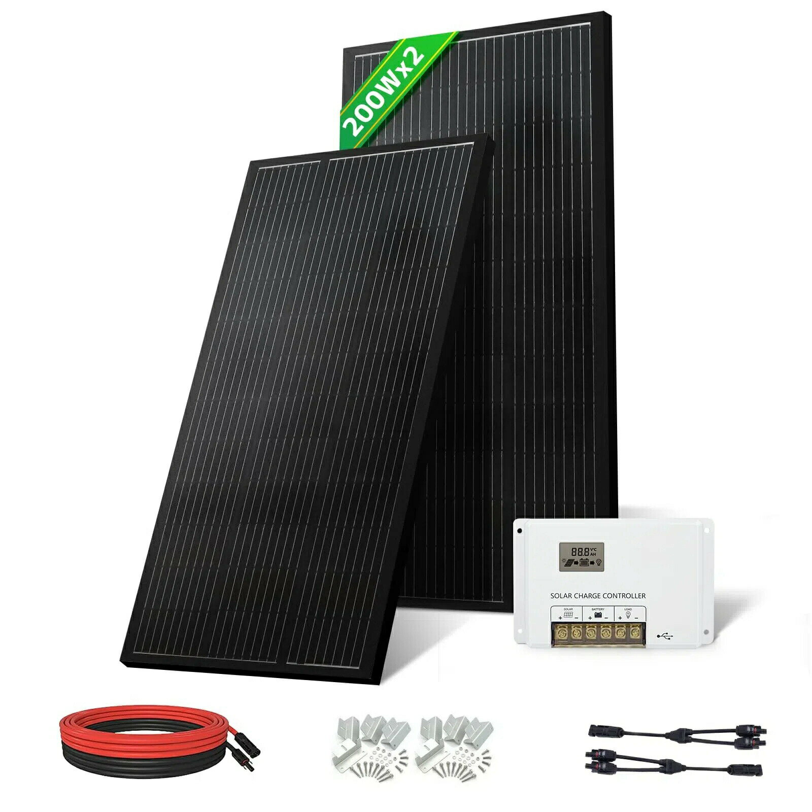 (リョクエン)ソーラーパネル 200W セット 発電量0.8kwh高性能 単結晶 ソーラーパネル 自作 キット 次世代型 ット 2セット+ Y 型コネクター 省エネルギー 船舶 屋根 インバーター