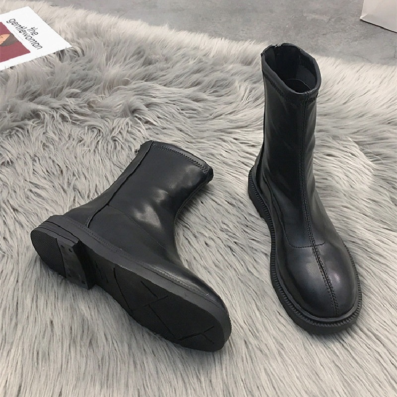 【保温性いい】 大人可愛い カジュアル 無地 ファッション スクエアトゥ チャンキーヒール ジッパー ショート丈 ブーツ