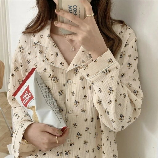 ルームウェア韓国ins婦人服秋冬作ガーゼパジャマ長袖カーディガン花柄部屋着2点セット女性 ルームウェア韓国ins婦人服秋冬作ガーゼパジャマ長袖カーディガン花柄部屋着2点セット女性