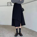 ブラックウールのハーフスカートミディアム丈不規則A字スカート婦人服ハイウエストの股間隠し傘スカート冬スカート