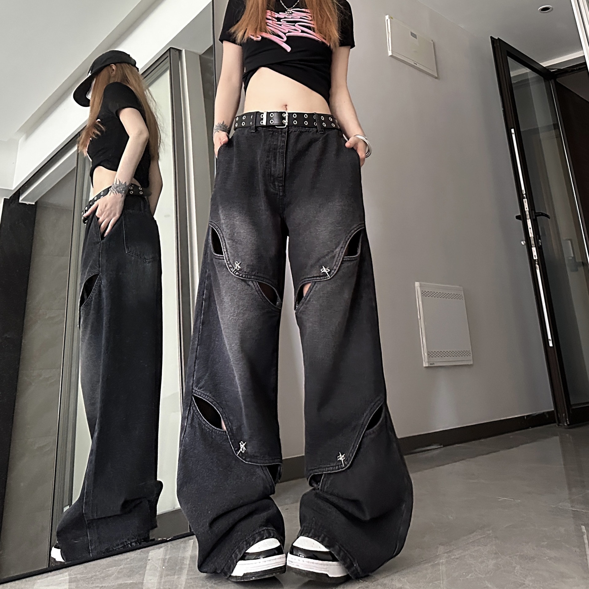 激壳れ人気商品 脚長効果！デニムパンツ かっこいい！スラックスパンツ ストレートジーンズ ジーンズ百掛け 春夏 アメリカ ハイウエスト ゆったり ワイドパンツ(4)