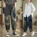 2024秋新品 デニムパンツ ロングワンピース 九分丈 蝶柄 ゴム 大きいサイズ 体型カバー レディース メガ割