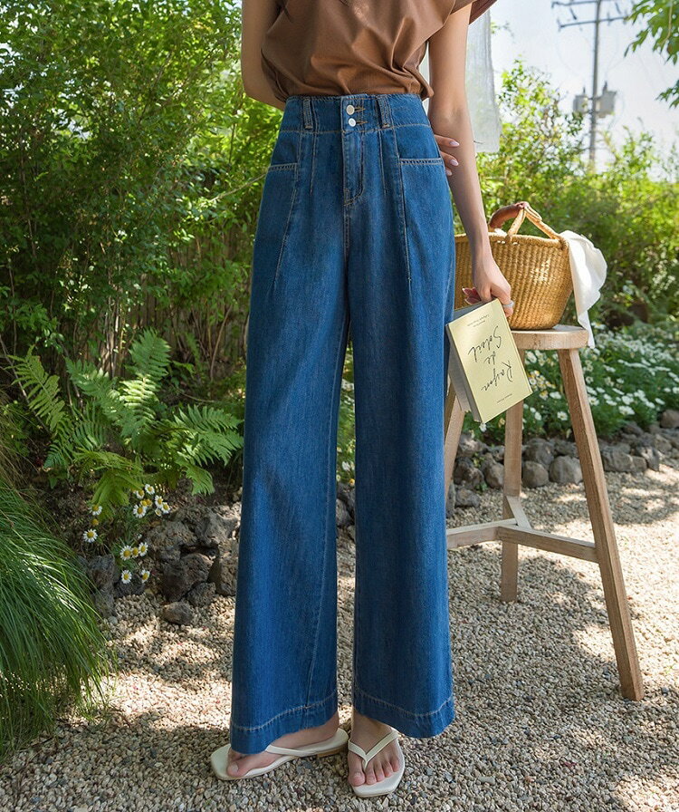 [ジャストワン] フルレングス ハイウエスト ポケット ワイド/ルーズ デニム・ジーンズ [ブルー]