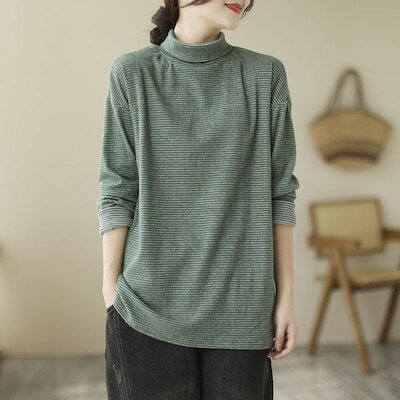 新品入荷 秋冬婦人服ファッション型韓国ビッグサイズストライプタートルネックゆったり着やせ長袖Tシャツ