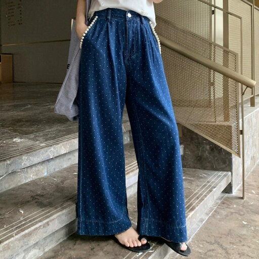 パンツ ロング丈 デニム ジーンズ ワイド ハイウエスト 美脚効果 脚長効果 細見え 夏 ドット柄 おしゃれ かわいい 韓国ファッション レディース お出かけ パンツ ロング丈 デニム ジーンズ ワイド ハイウエスト 美脚効果 脚長効果 細見え 夏 ドット柄 おしゃれ かわいい 韓国ファッション レディース お出かけ