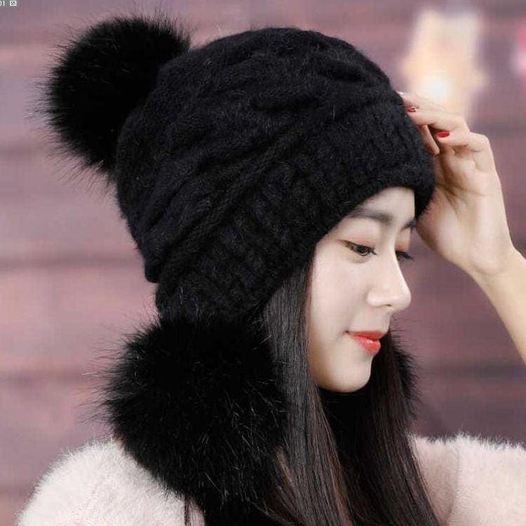 韓国ファッション帽子 ウサギ毛 レディース 厚手防寒 可愛い 耳を保護する ニット帽 暖かい 毛玉 ハット [20タイプ]