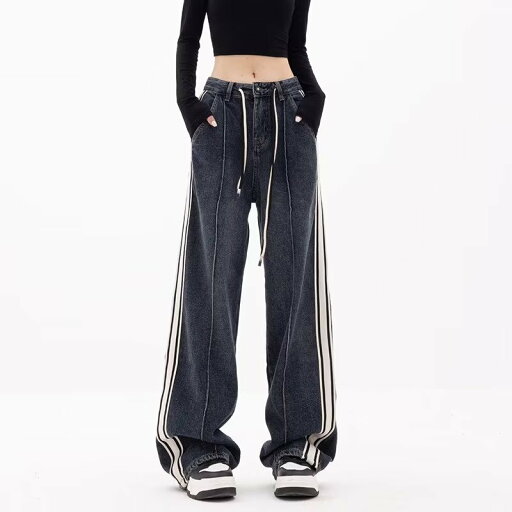 ワイドパンツ 大きいサイズストレートジーンズ女性秋ルーズストレートダークストライプワイドパンツ ワイドパンツ 大きいサイズストレートジーンズ女性秋ルーズストレートダークストライプワイドパンツ