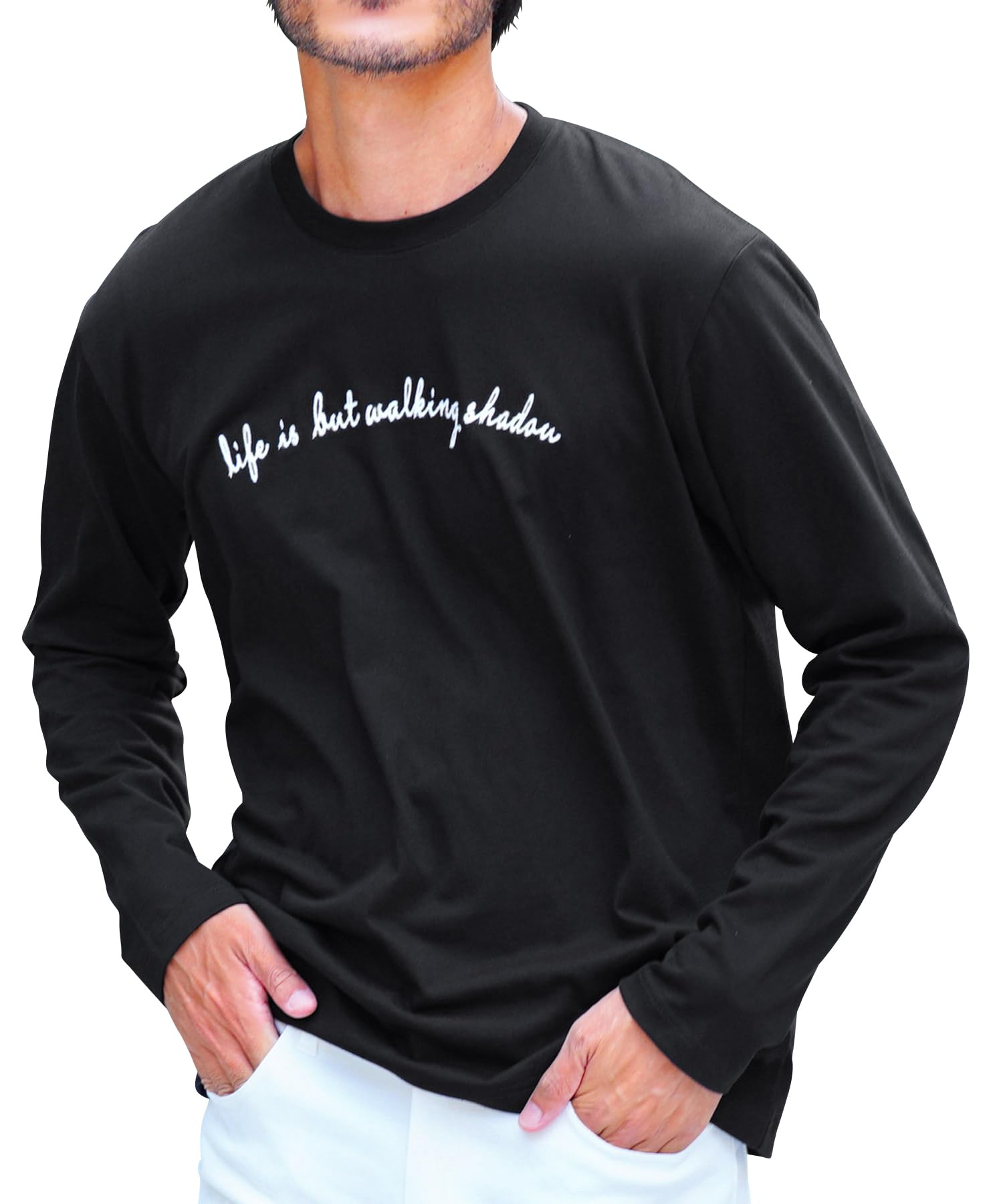 ジギーズショップ マルチ刺繍ロンT|長袖 カットソー ロンティー ブランド ワンポイント 白Tシャツ クルーネック 丸首 秋 冬 春 黒 白 シンプル 大人 ロングTシャツ 肩落ち ゆったり リラックス 万能