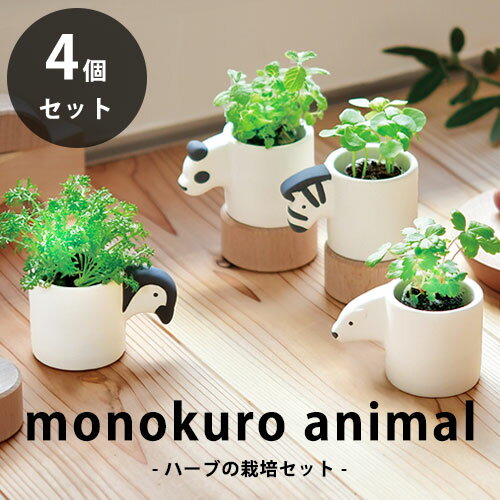 【送料無料】monokuro animal 4個セット モノクロアニマル 栽培セット アップルミント/バジル/ワイルドストロベリー/カモミール ミニ かわいい おしゃれ 自宅 キッチン 簡単 母の日 父の日 ギフト GD1007 聖新陶芸