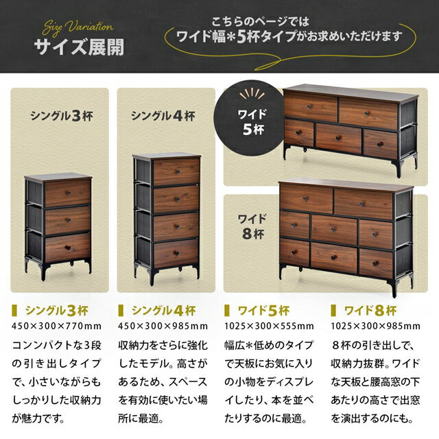 アメリカンガレージ風 ローチェスト 2段 引き出し5杯 【送料無料】 リビングチェスト アメリカンテイスト ヴィンテージ インテリア おしゃれ キャビネット 不織布 インナーボックス 引き出し 収納 スチールフレーム リビング収納 木目調 [2]