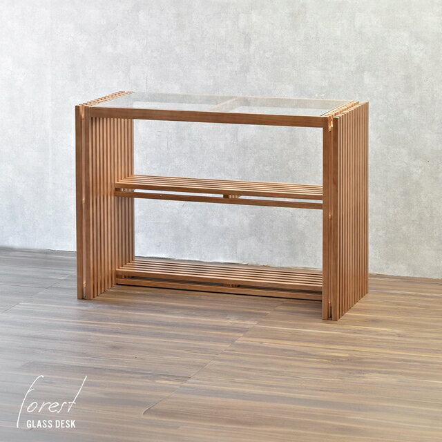 和のテイストも感じる縦格子 ガラスデスク 幅100cm 【送料無料】 ドレッサー デスク おしゃれ 北欧 和風 リビングデスク ガラス天板 書斎机 棚付き 天然木 パイン 無垢材 インテリア