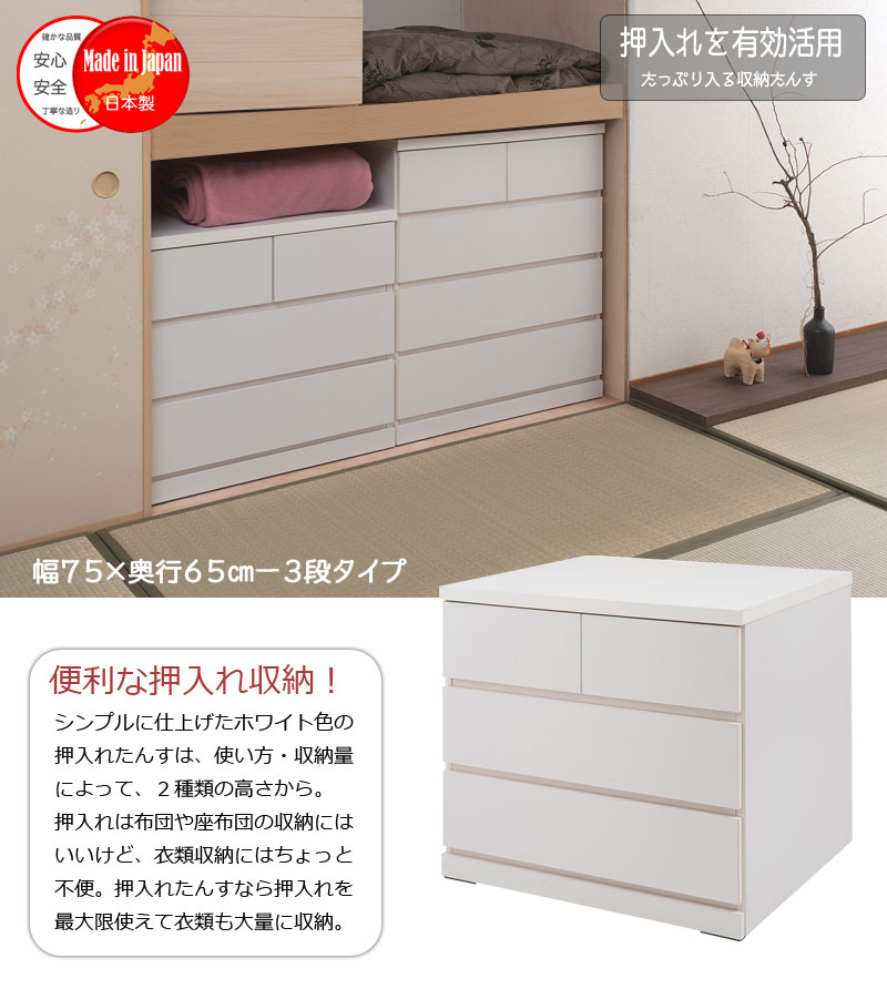 押し入れにピッタリ奥行65cm 押し入れ収納 キャスター付き 3段 引き出し 幅75 完成...