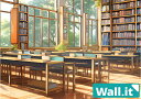 【Wall.it A4 フィギュアディスプレイケース専用背面デザインシート 横向】 図書室 図書館 日差し 晴天 昼間 学校 風景 本棚