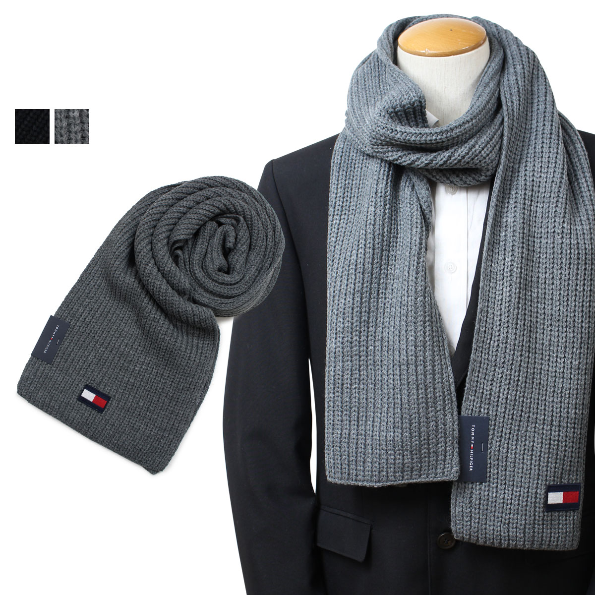 TOMMY HILFIGER H8C83203 TH-F18-5003 トミーヒルフィガー マフラー メンズ ブラック グレー