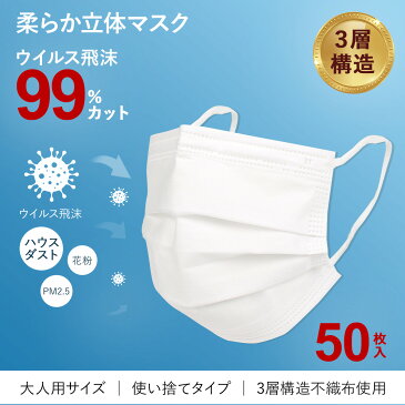 マスク 50枚 箱 不織布 セット 99%カット 衛生 使い捨て 三層構造 大人用サイズ ウイルス 花粉 防塵 飛沫感染 PM2.5 風邪 ハウスダスト 男女兼用 箱 衛生用品 立体 プリーツ ホワイト 白 【予約 5月上旬 随時出荷予定】 【返品不可】