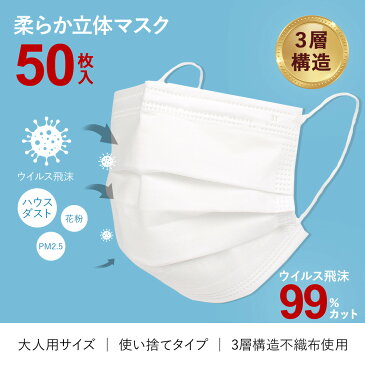 マスク 在庫あり 50枚 箱 不織布 セット 99%カット 衛生 使い捨て 三層構造 大人用サイズ ウイルス 花粉 防塵 飛沫感染 PM2.5 風邪 ハウスダスト 男女兼用 箱 衛生用品 立体 プリーツ ホワイト 白 【返品不可】