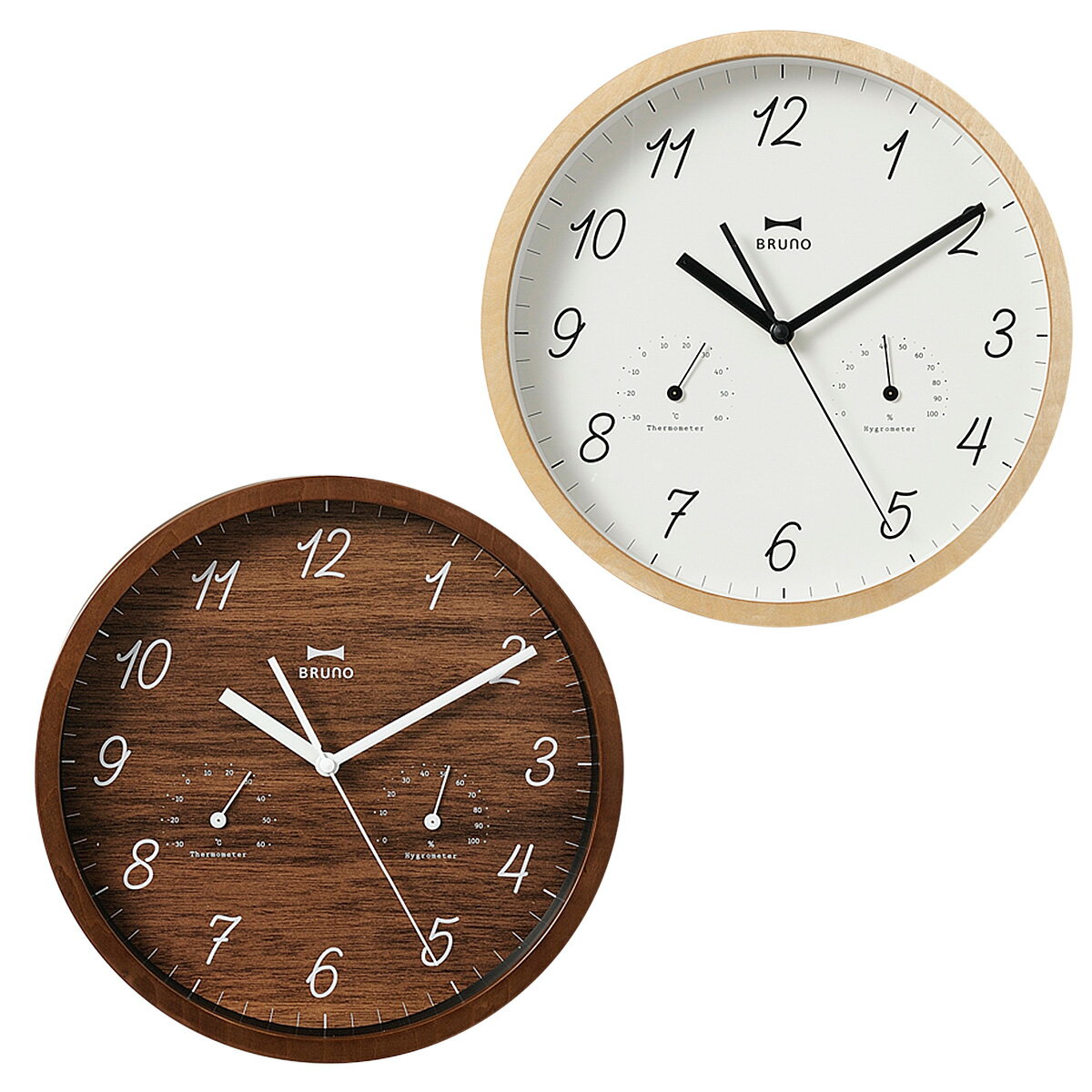 BRUNO BCW022 ブルーノ 掛け時計 ウッドウォールクロック 壁掛け 北欧 モダン アナログ ラウンド型 丸 ウッド 木製 シンプル インテリア 温度計 湿度計 ベージュ ダーク ブラウン [予約 5月中旬 追加入荷予定]