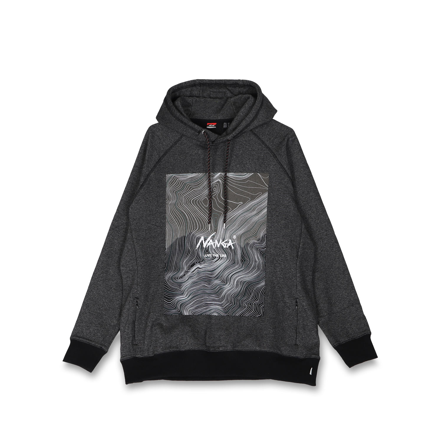 NANGA ナンガ スウェット パーカー プルオーバー エコ ハイブリッド コントアーマップ ロゴ メンズ レディース ECO HYBRID CONTOUR MAP LOGO SWEAT HOODIE ブラック ホワイト 黒 白