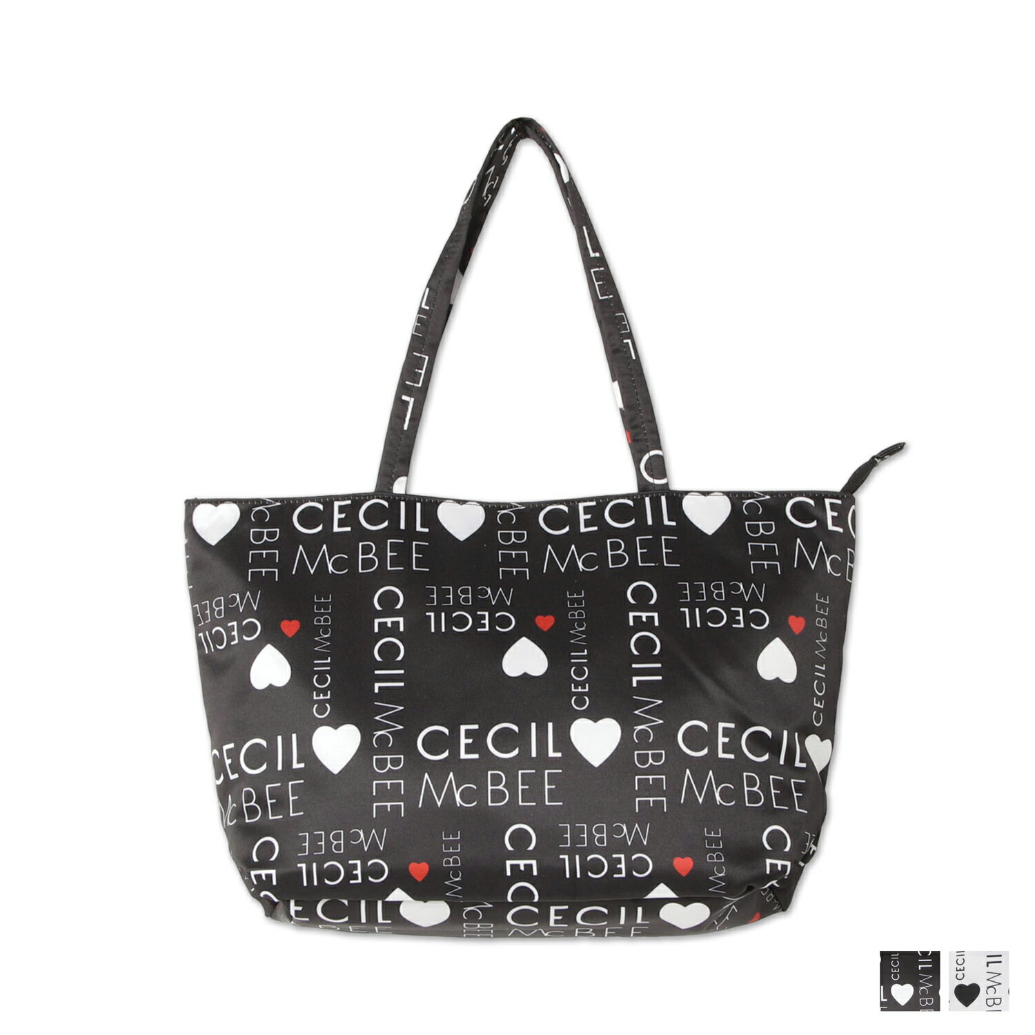 CECIL McBEE TOTE BAG セシルマクビー バッグ トートバッグ レディース Lサイズ ファスナー付き ロゴパターン ブラック ホワイト 黒 白 CM121138