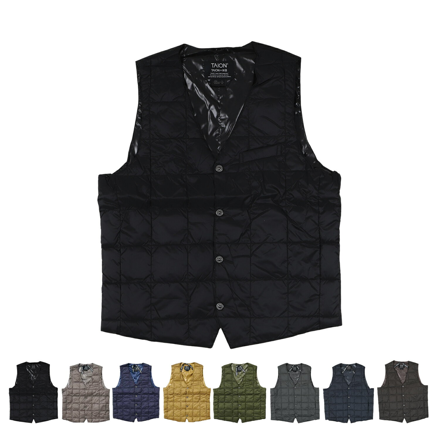 TAION V NECK BUTTON DOWN GILET タイオン インナーダウン ベスト ジレ アウター メンズ ベーシック Vネックボタン 防寒 ブラック グレー ネイビー ベージュ ダーク オリーブ 黒 003