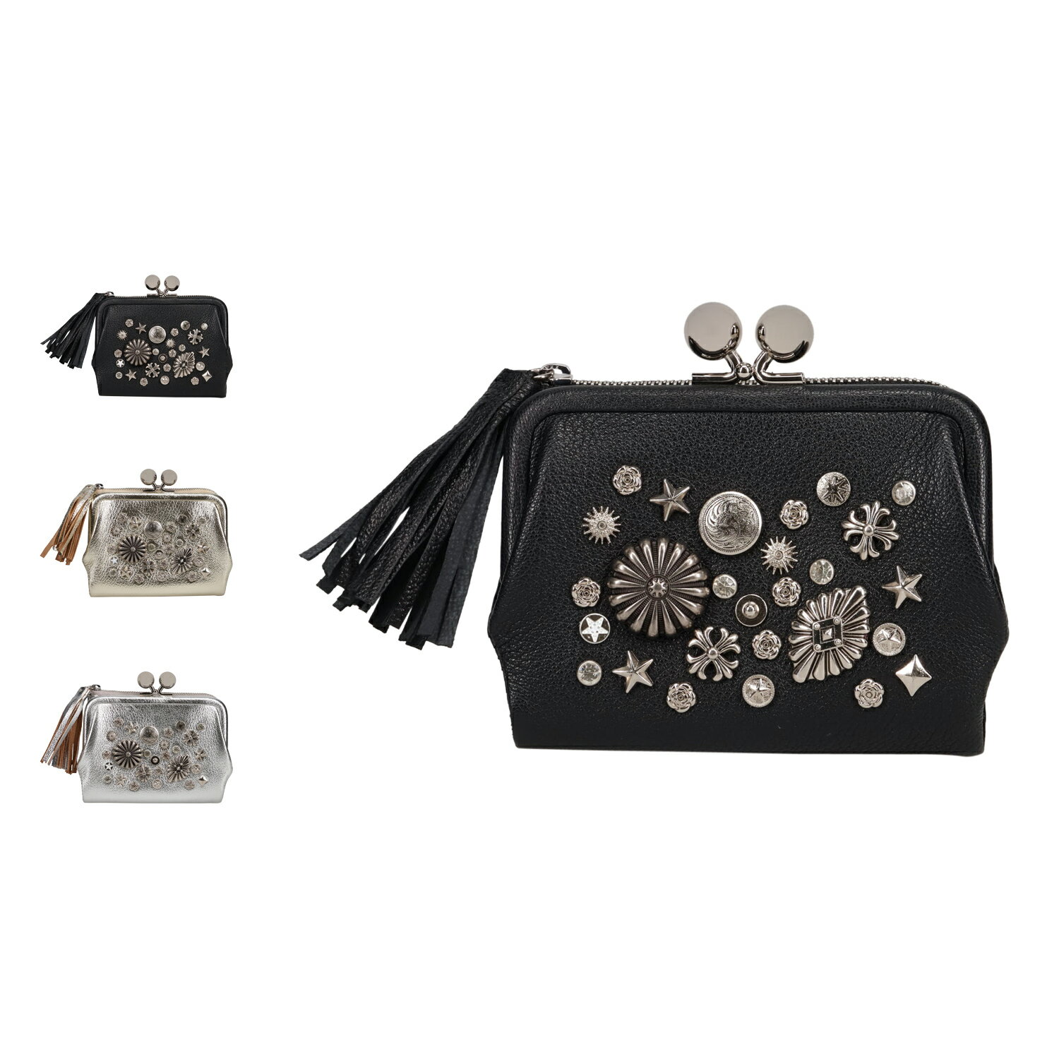 【最大1000円OFFクーポン発行中】 perche ペルケ 財布 二つ折り財布 レディース がま口 軽量 コンパクト 本革 ブラック ゴールド シルバー 黒 80-06-00100