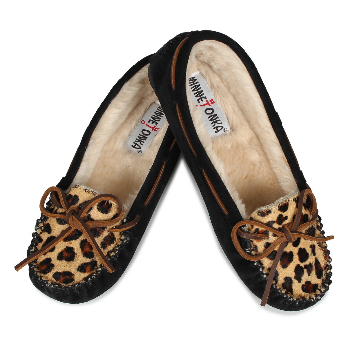 MINNETONKA LEOPARD CALLY SLIPPER ミネトンカ モカシン ボア レオパード キャリー スリッパ レディース ブラック ブラウン 黒